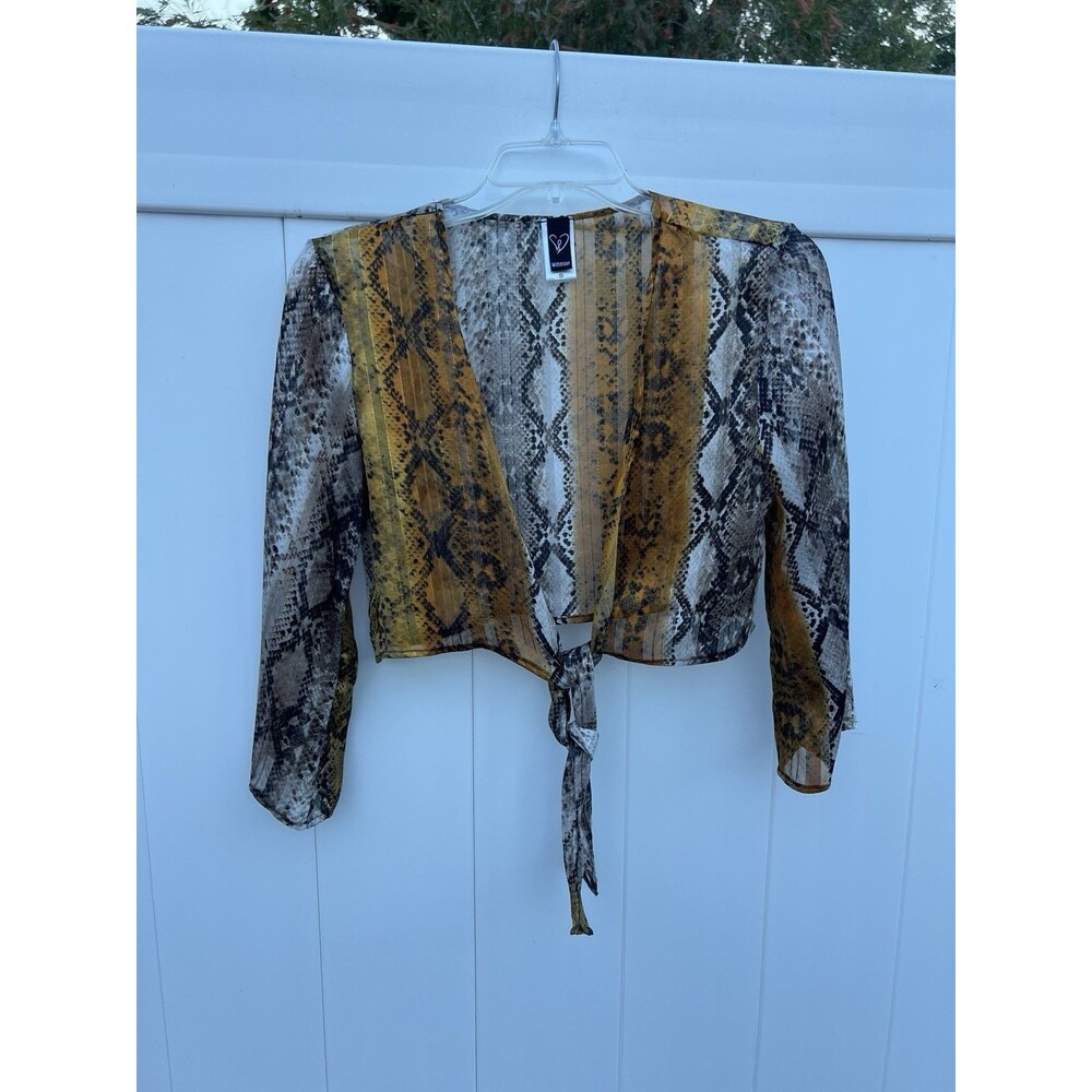 Windsor Crop Top Sheer Tie Front Women’s Small Blouse 3/4 Sleeve Metallic